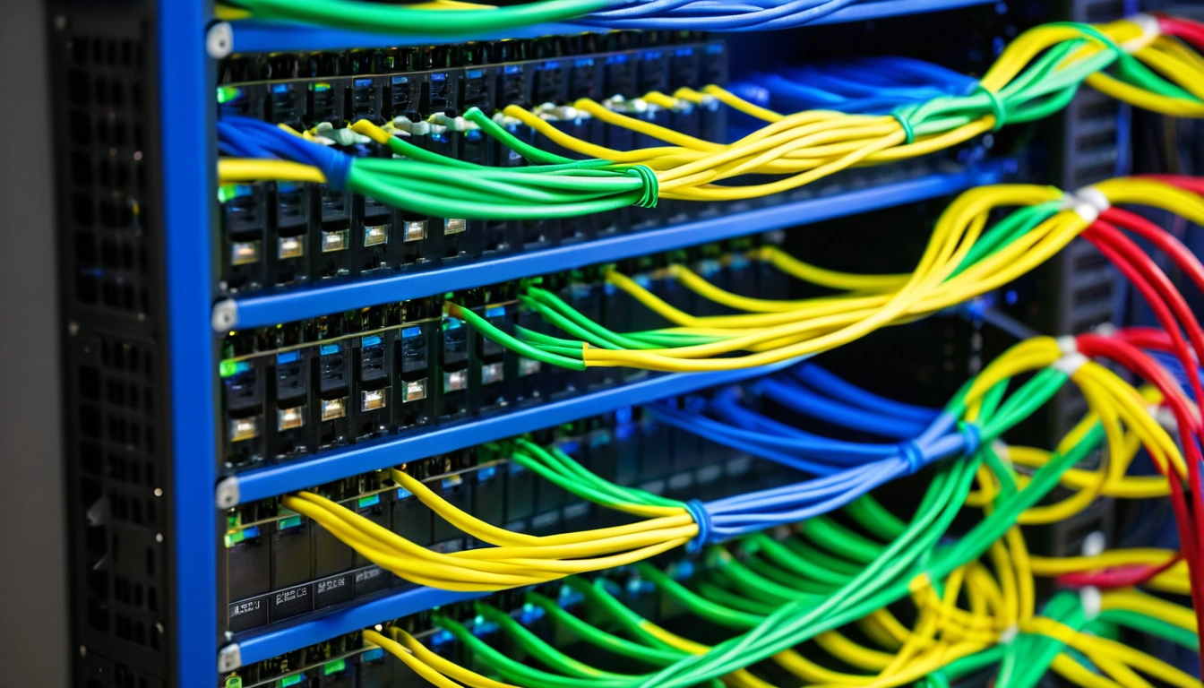 Neatly organised colourful network cables in a rack