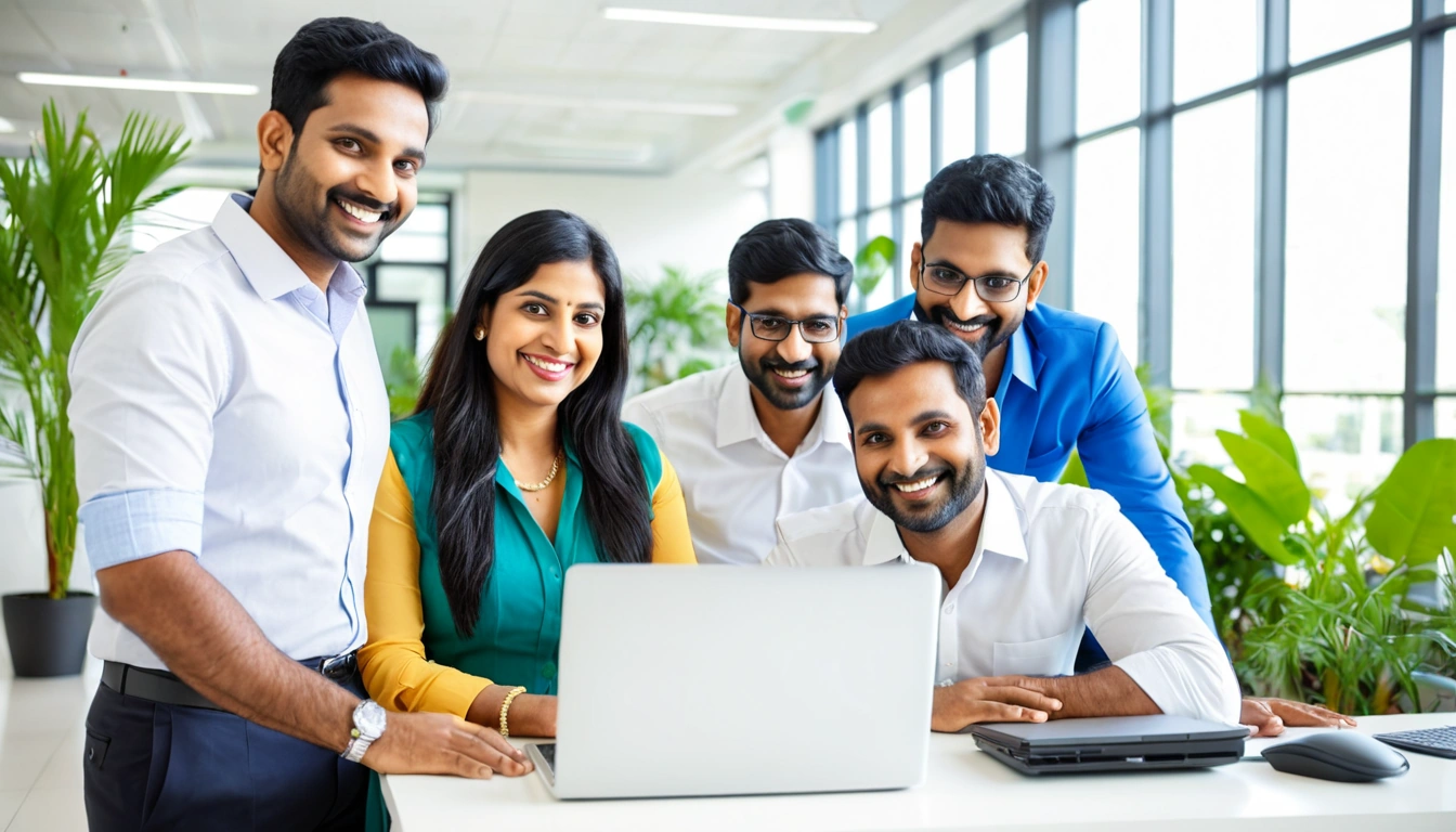 Smiling IT team working together around a laptop