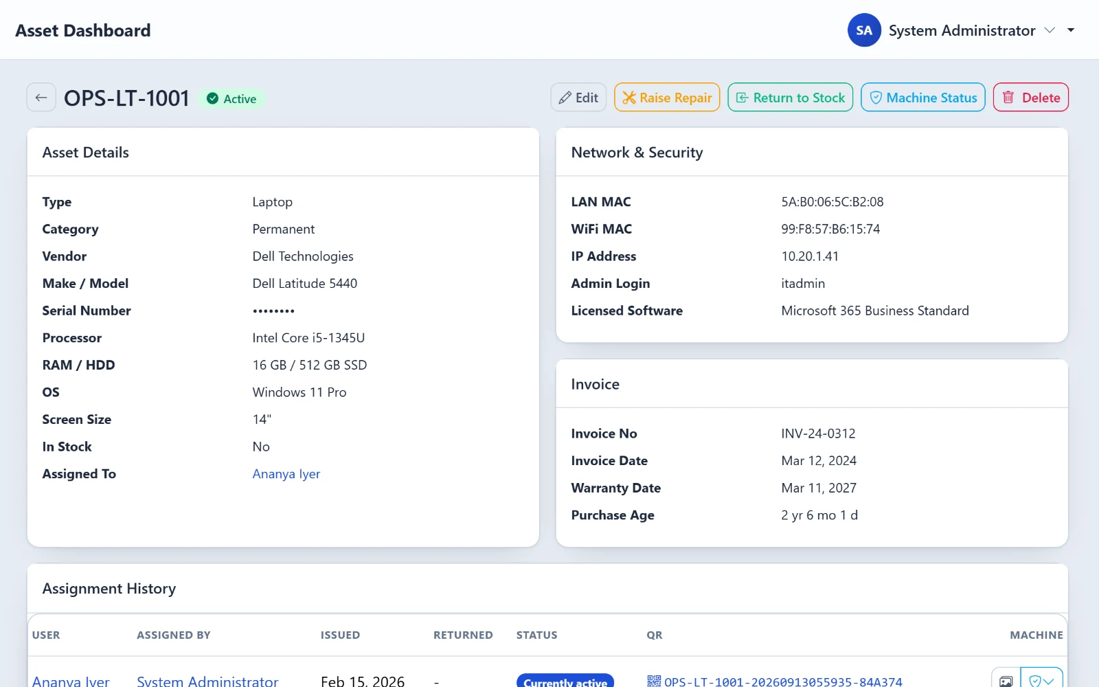 OpsPane asset record with full specification