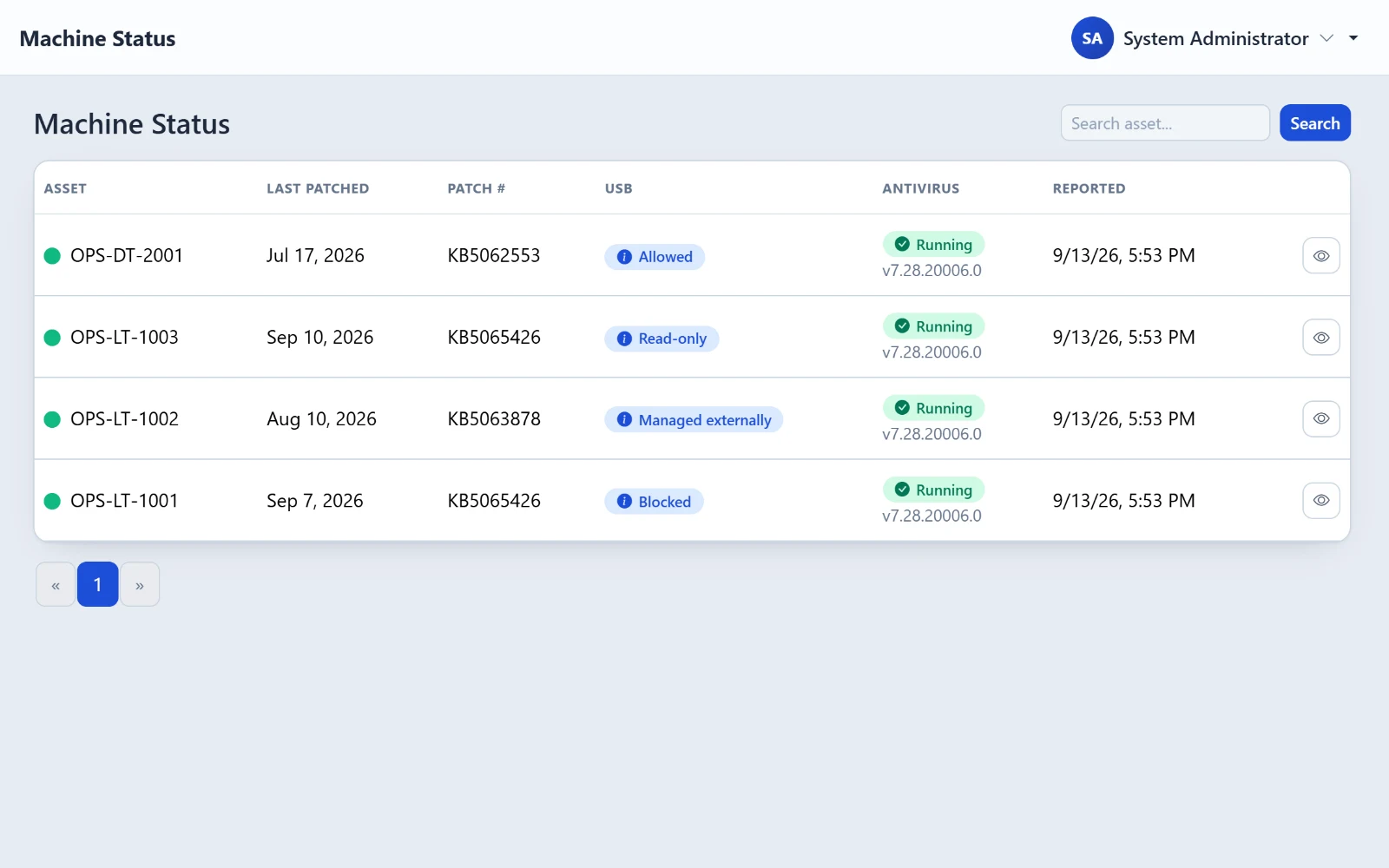 OpsPane machine status list