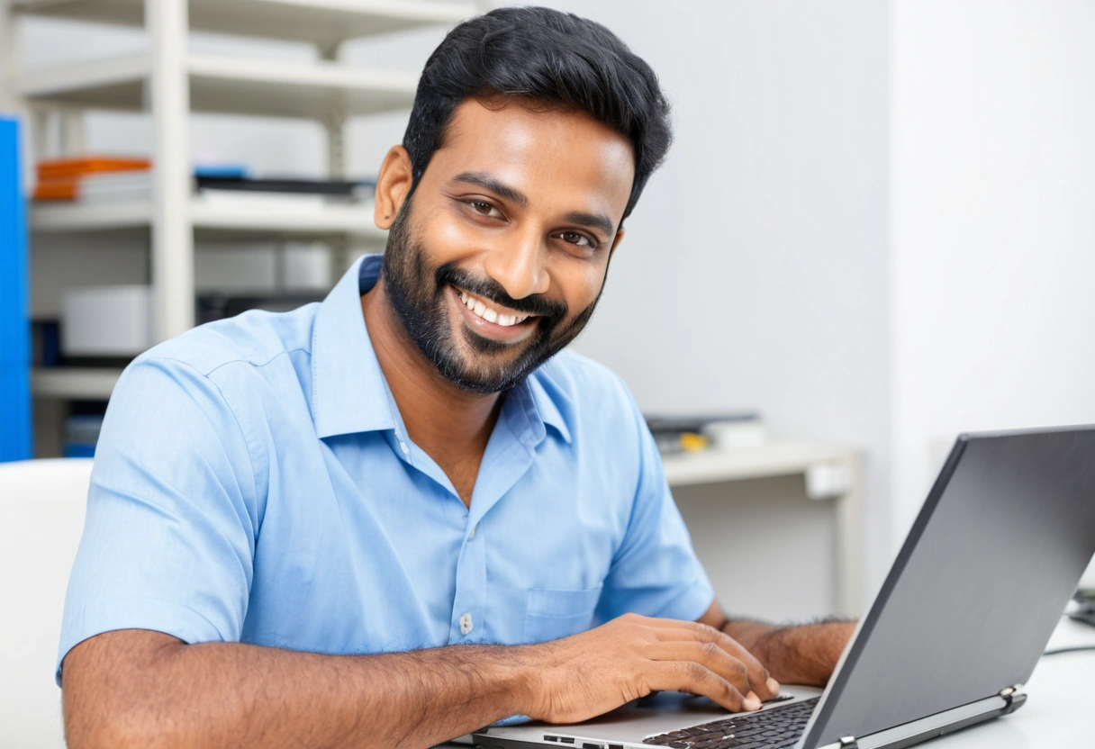 IT technician checking a laptop at a repair desk