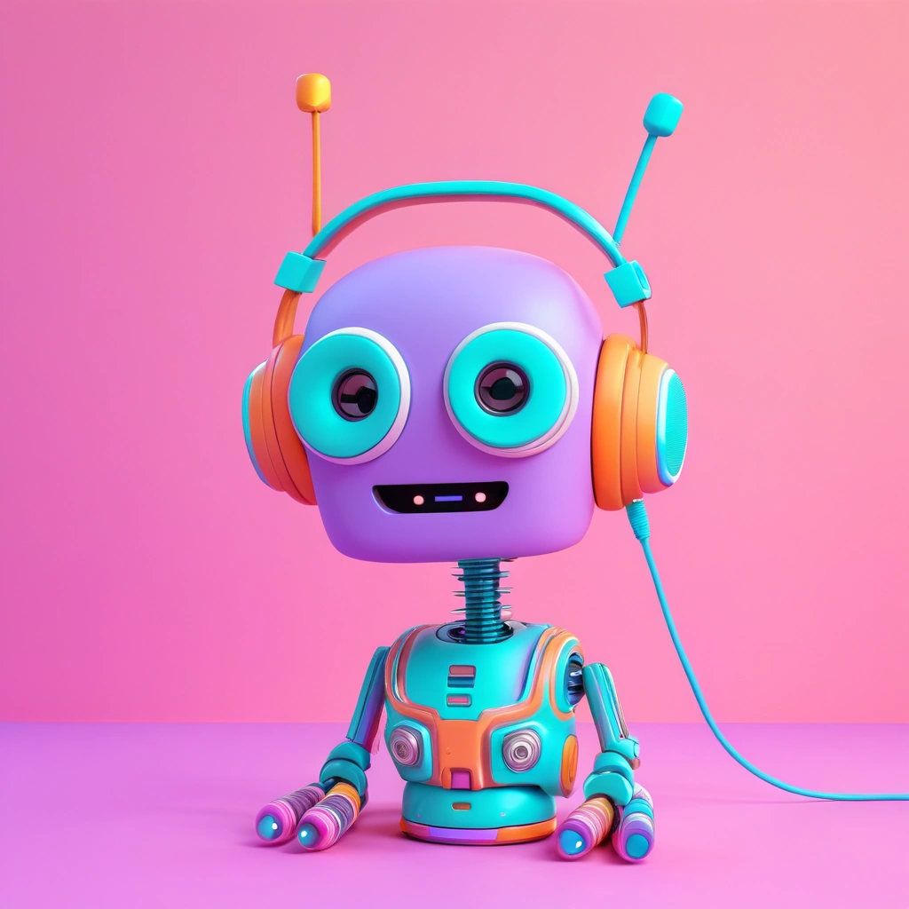 Friendly 3D robot wearing a headset, surrounded by sound waves